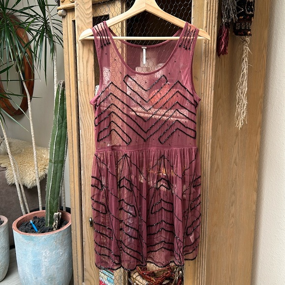 Free People Sheer Mesh Beaded Embellished Mini Slip Dress - Picture 4 of 16
